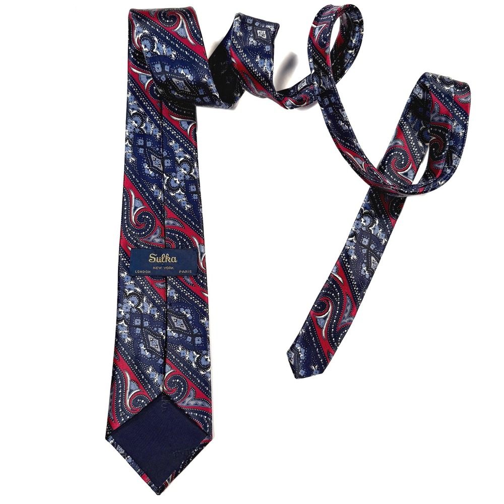 Sulka New York Mens Silk Tie Navy Blue Red Paisley Floral Medallion France 3.75"